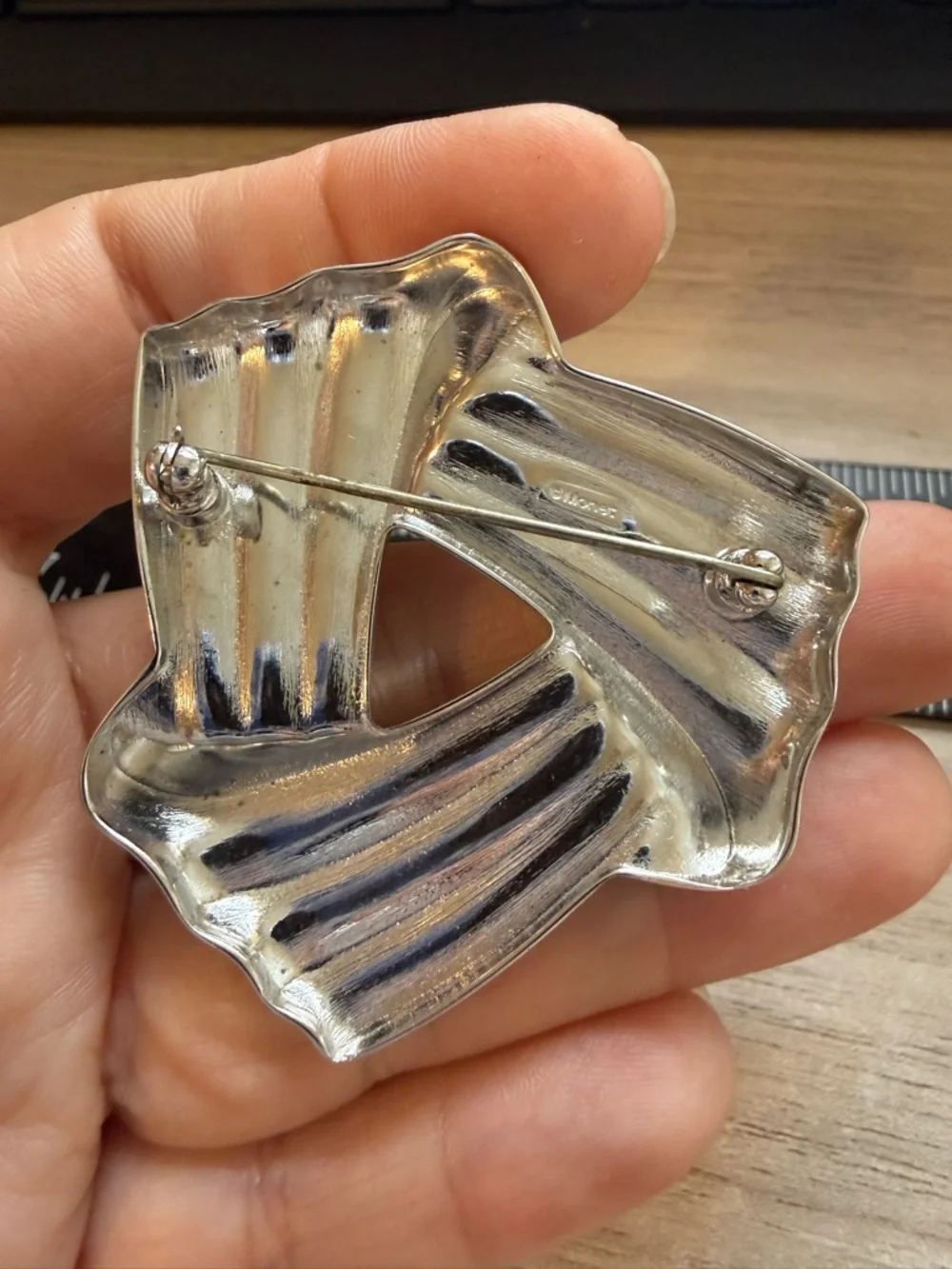 Vintage Monet Silver‎ Tone Geometric Knot Brooch Ribbed Triangular Pin